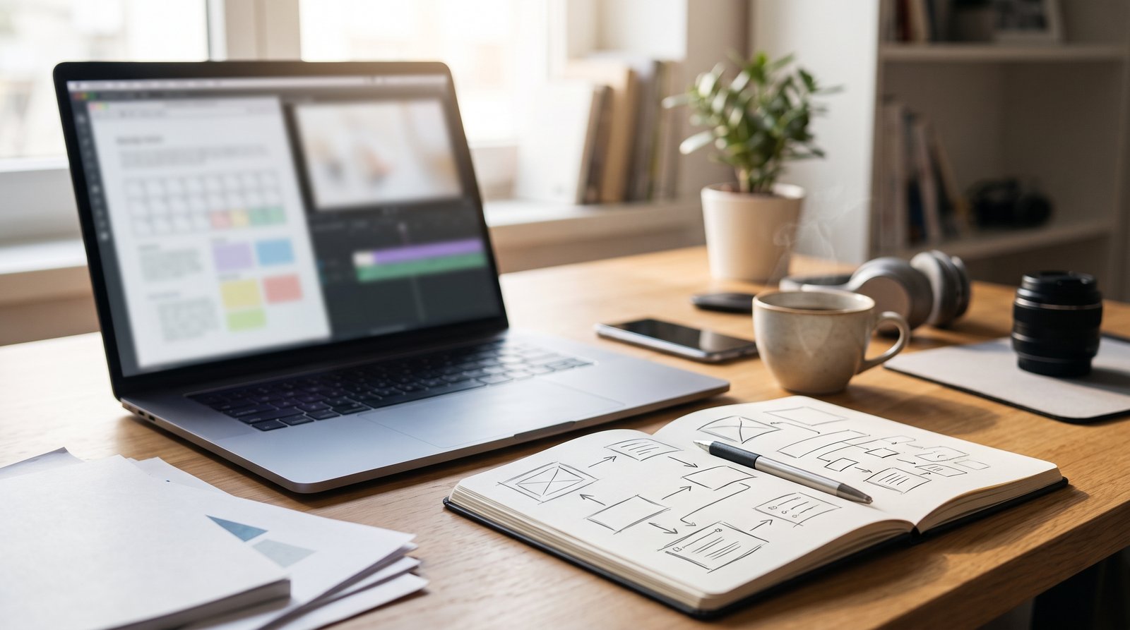 A blogger's desk with a laptop showing a blurred article, a notebook and a coffee cup, bright morning light - Workflow 4: Repurposing Between Your Blog and Your Channel