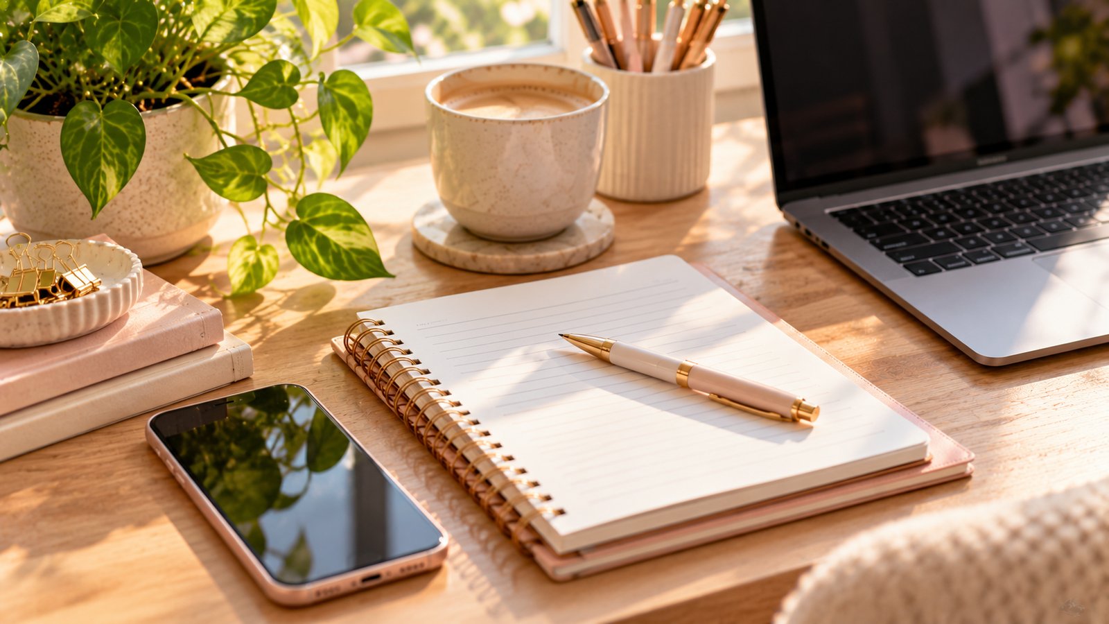 A flat lay of a notebook, pen, phone and plant on a light wooden desk - Workflow 5: Community Posts and Upload Details