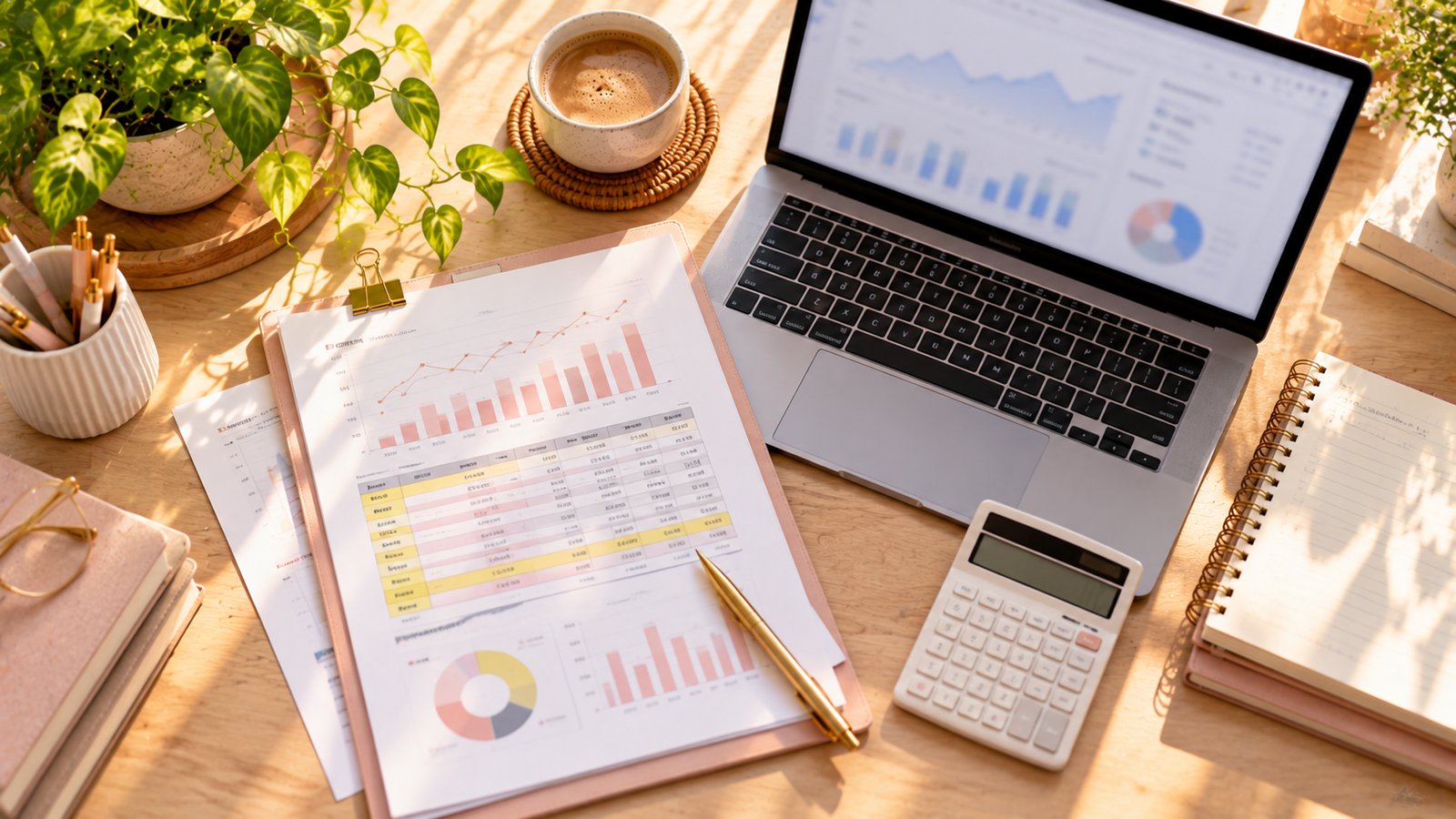 A printed chart report with highlighted rows beside a calculator and laptop, overhead view, no readable text - Workflow 6: Analyzing Your YouTube Studio Analytics