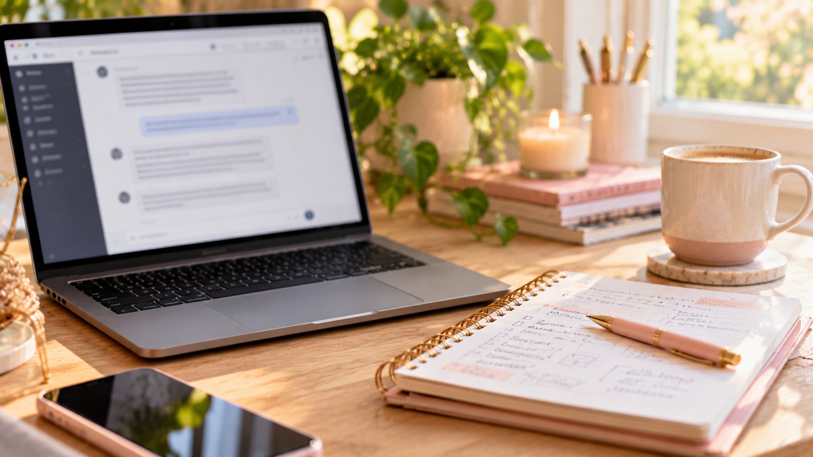 A laptop with a blurred chat-style interface on screen beside a notebook of handwritten prompt drafts, soft light - YouTube Policies: Automation and AI Disclosure