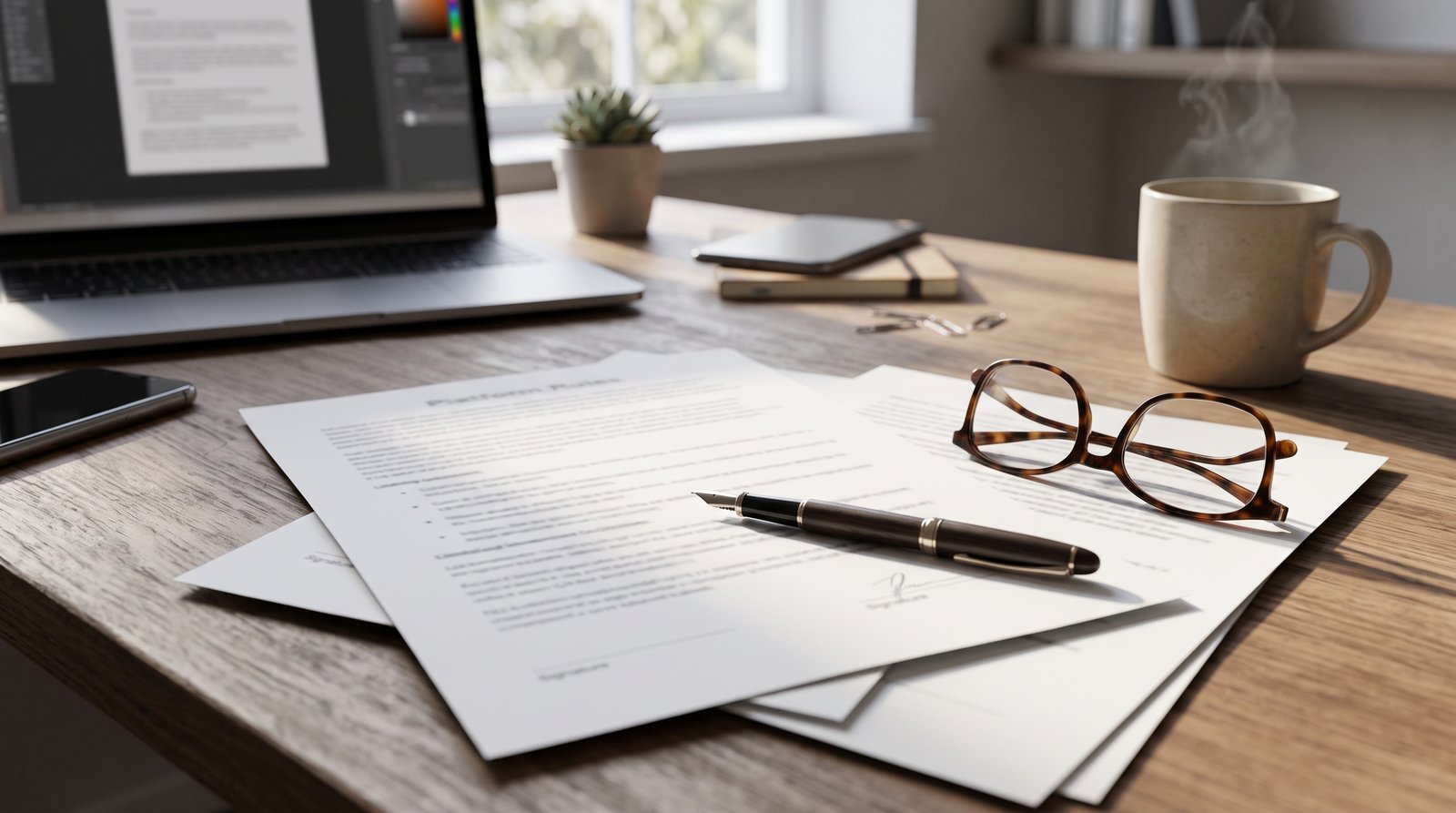 A desk with a contract, a fountain pen and reading glasses in soft window light, no readable words - Layer 1: Reddit's Platform Rules