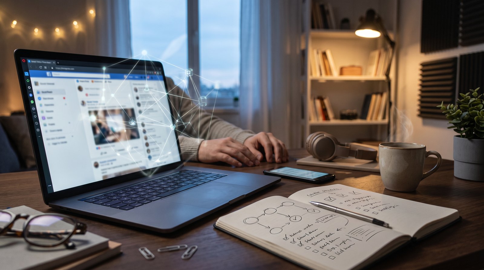 A modern workspace with a laptop and a glowing abstract network of light lines reflected on the screen, no text - Layer 3: Self-Promotion Norms
