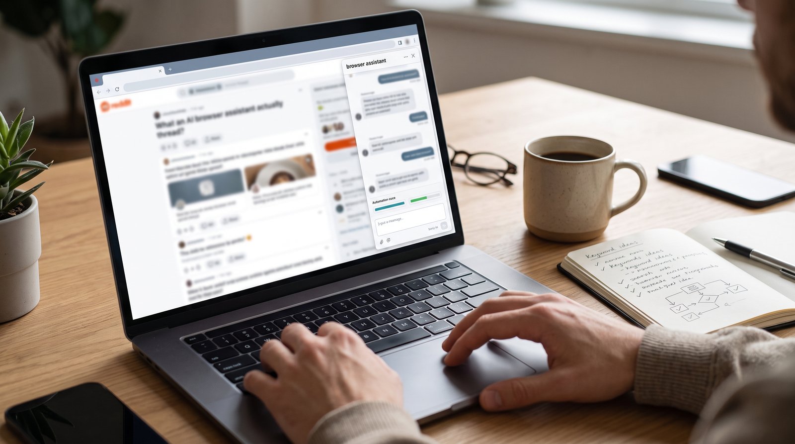 Hands resting near a laptop as a blurred browser automation panel works on screen, coffee beside it, no face visible - What Claude in Chrome Actually Is