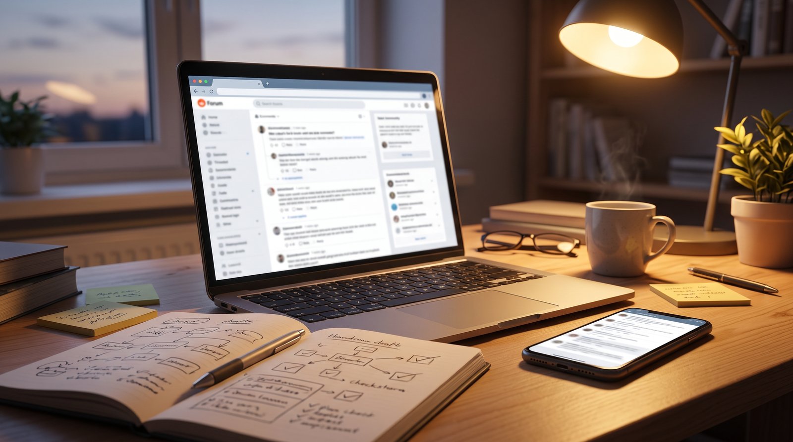 A laptop showing a blurred text-based social feed beside a phone and a notebook of draft posts, evening desk lamp - Why Reddit Is Different From Every Other Platform
