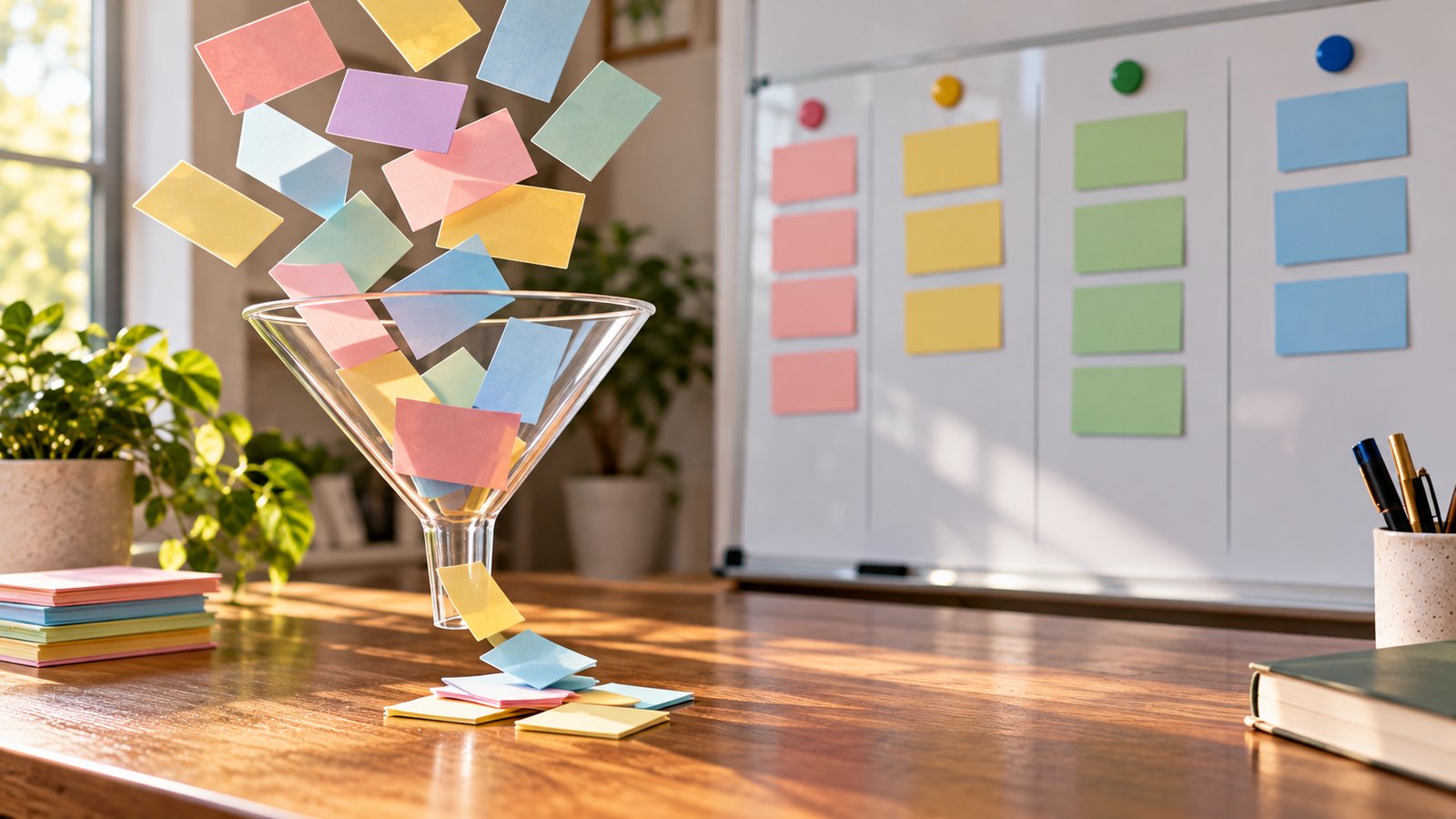 Glass funnel on a desk with colored cards sorted above and below it, whiteboard of grouped cards behind