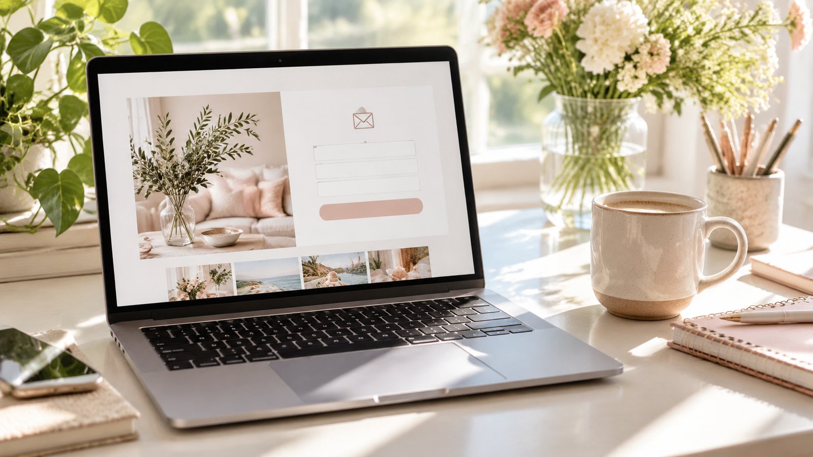 Laptop with an email subscribe form and a plant on a sunlit desk for building a blogger email list