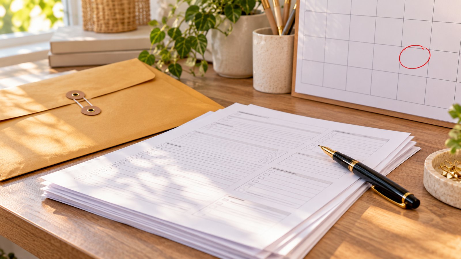 Manila envelope, a stack of tax forms and a pen next to a calendar with one day circled in red
