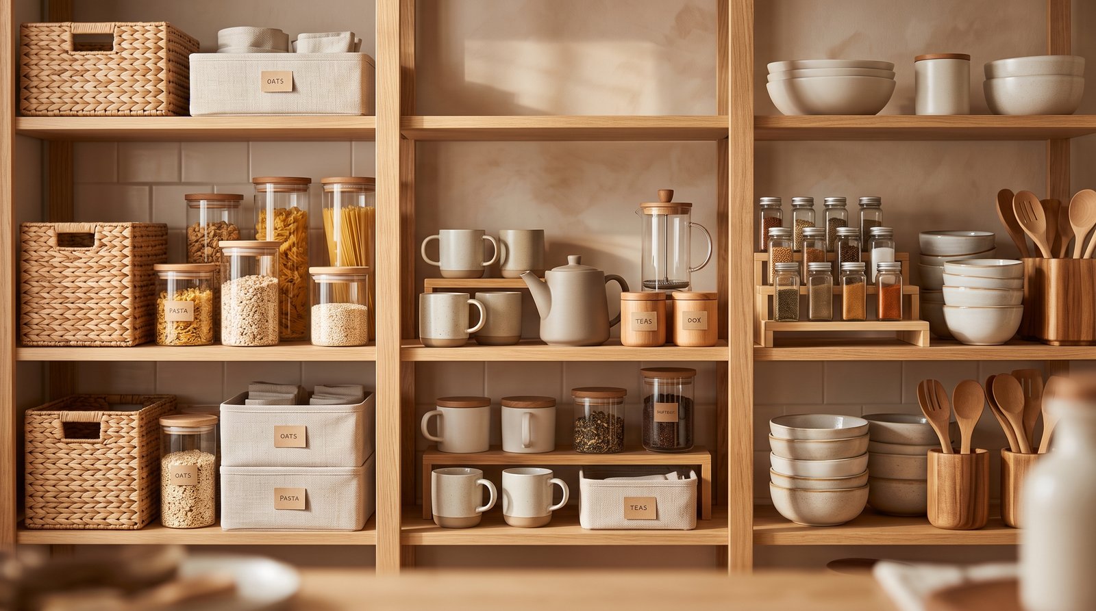 A curated shelf of home organizers and kitchen items grouped by theme, warm light, no brand names - Amazon's Own Requirements