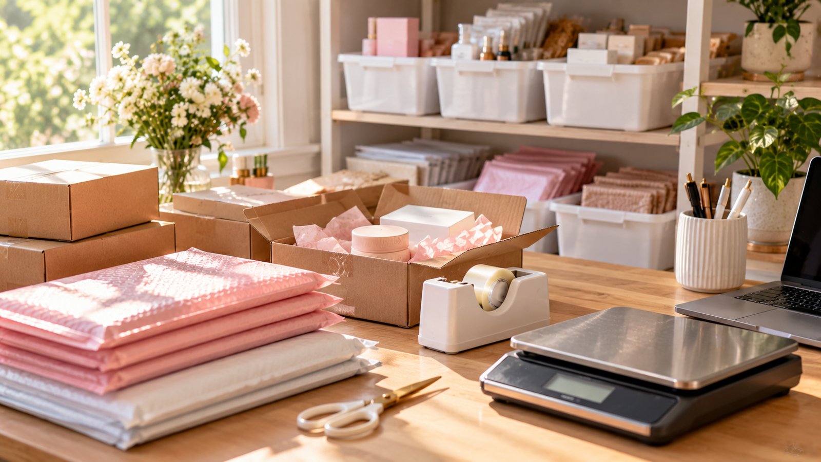 A neat home shipping corner with labeled bins, a scale and stacked mailers, bright daylight, no readable text - Free Products, Campaigns and Honest Reviews