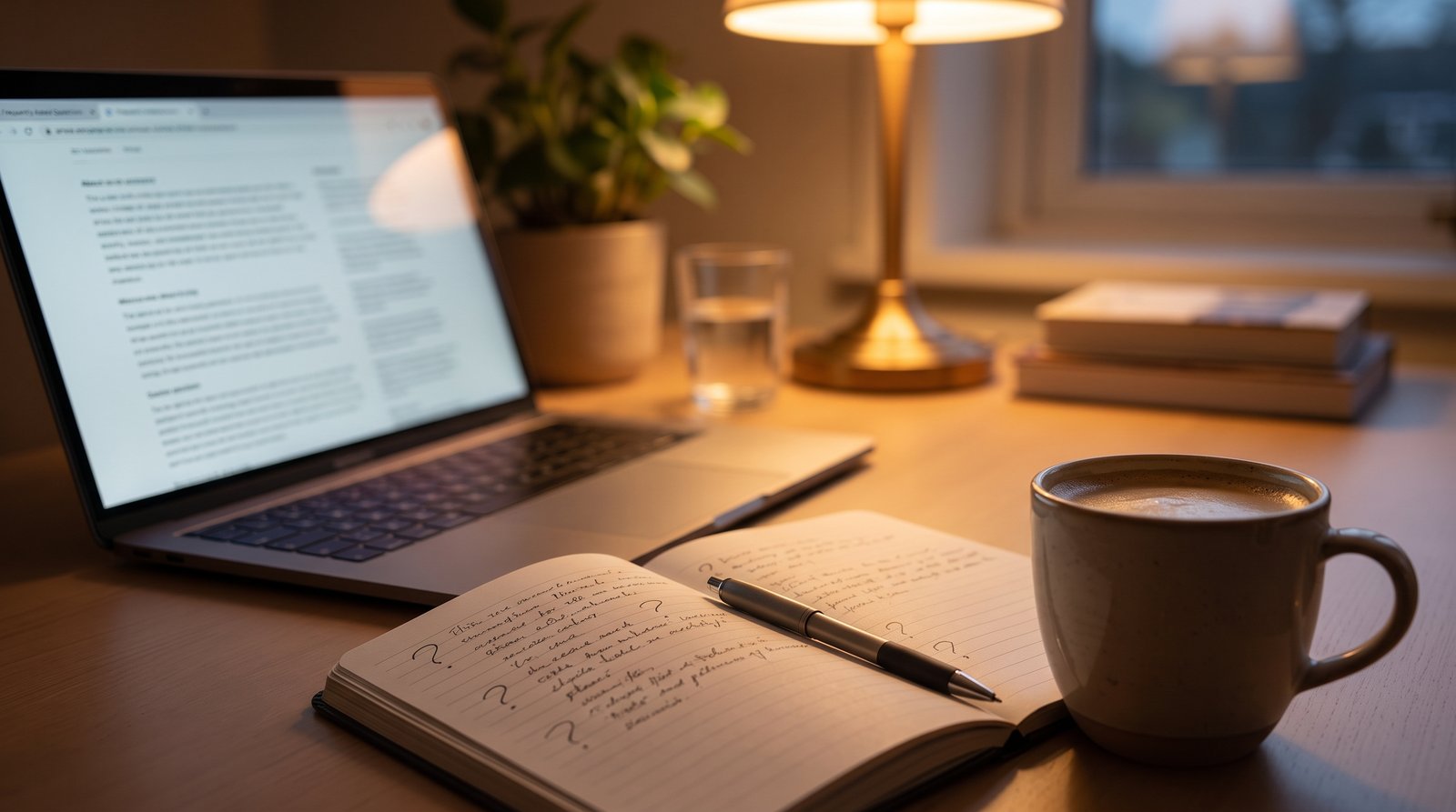 A cup of coffee beside an open notebook and a pen on a bright desk, ready for questions - Frequently Asked Questions