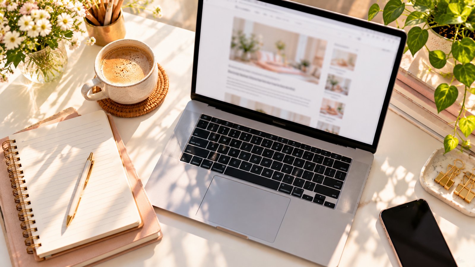 A blogger's desk with a laptop showing a blurred article, a notebook and a coffee cup, bright morning light - Where to Put Disclosures on a Blog