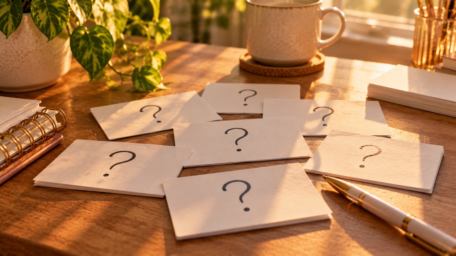 Blank index cards with drawn question marks spread on a desk beside a pen - Frequently Asked Questions
