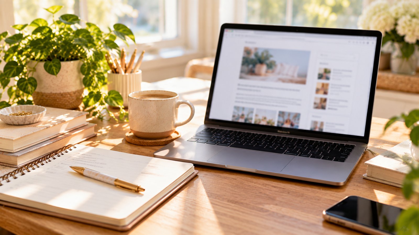 A blogger's desk with a laptop showing a blurred article, a notebook and a coffee cup, bright morning light - Is a Blog Ready for Ads?
