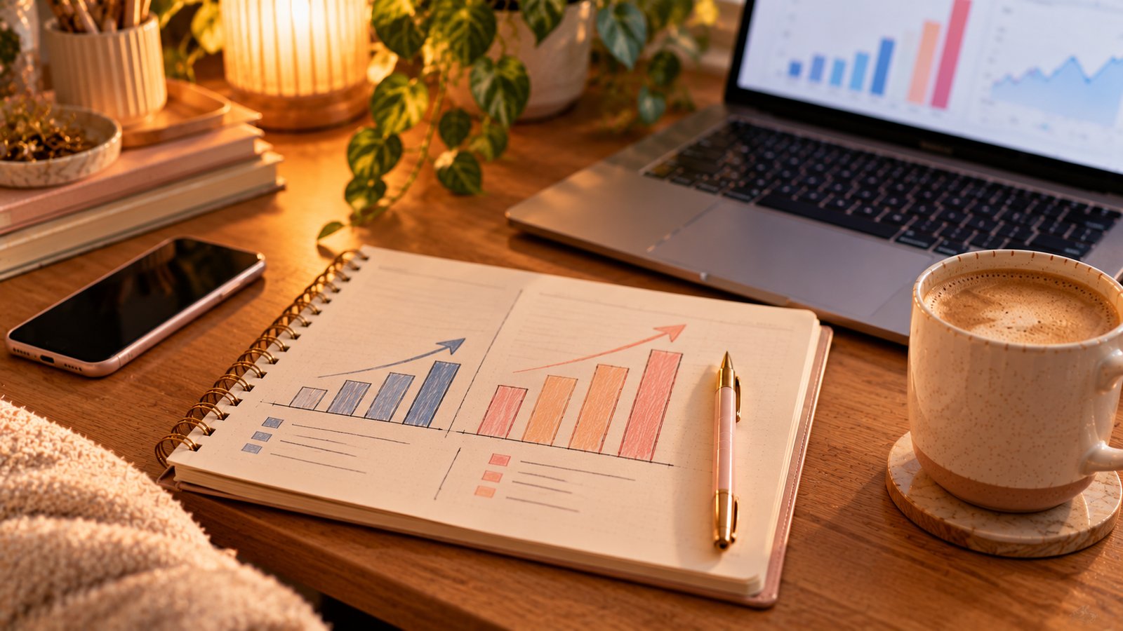 A notebook with a hand-drawn income goal bar chart beside a coffee and a laptop - Open Networks vs Managed Networks
