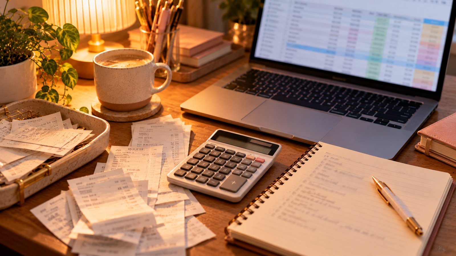 Receipts, a calculator and a notebook spread on a desk beside a laptop showing a blurred spreadsheet - Payments and Taxes