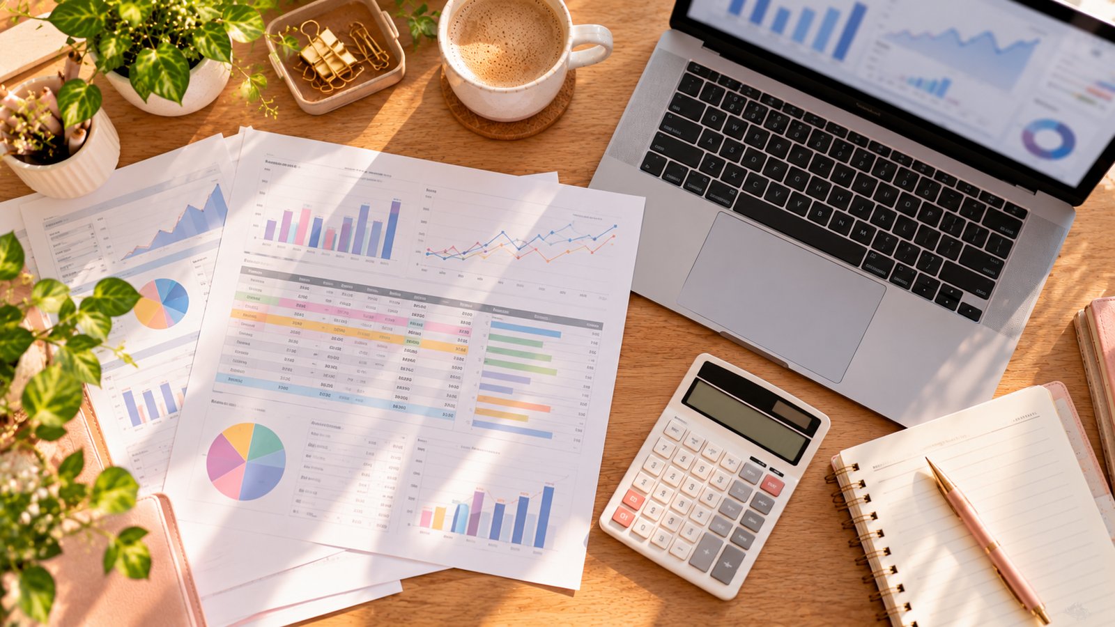 A printed chart report with highlighted rows beside a calculator and laptop, overhead view, no readable text - The Metrics: CPM, RPM, CPC and Fill Rate