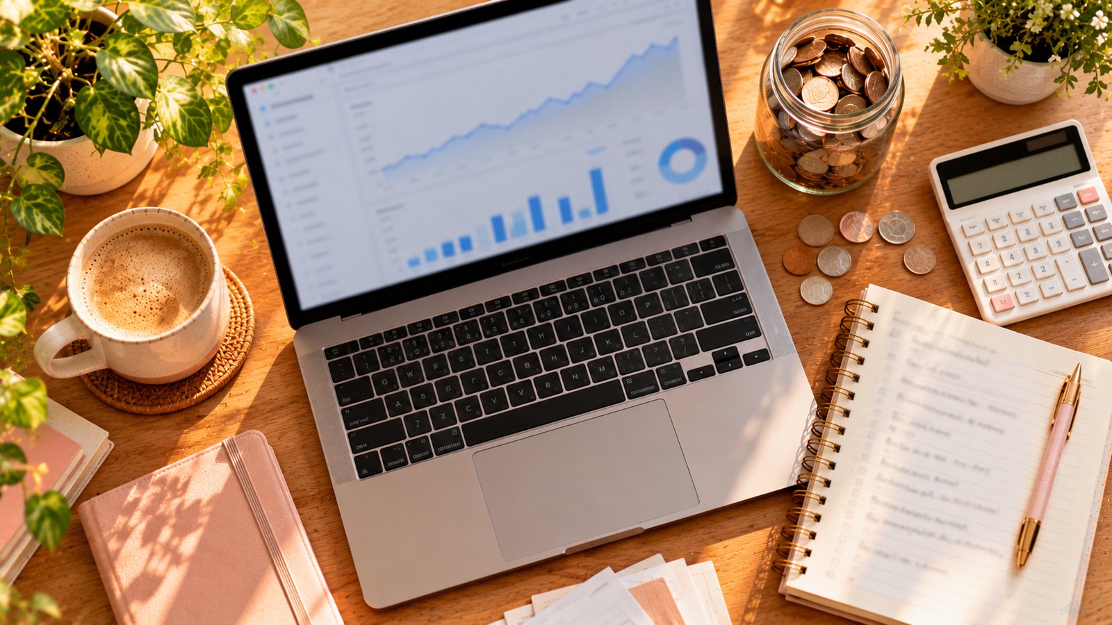 A laptop with a blurred earnings chart beside a calculator, coins in a jar and a notebook on a desk - The Trade-Offs