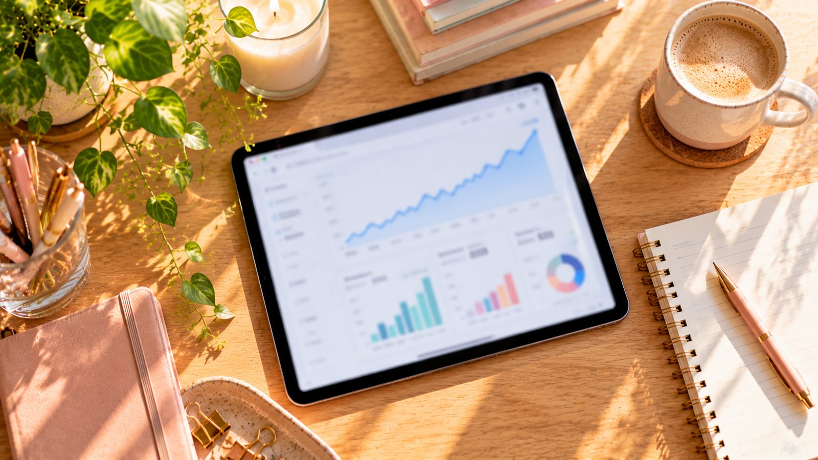 A tablet showing blurred upward trending graphs on a wooden desk at morning light - What Happens When an Ad Loads