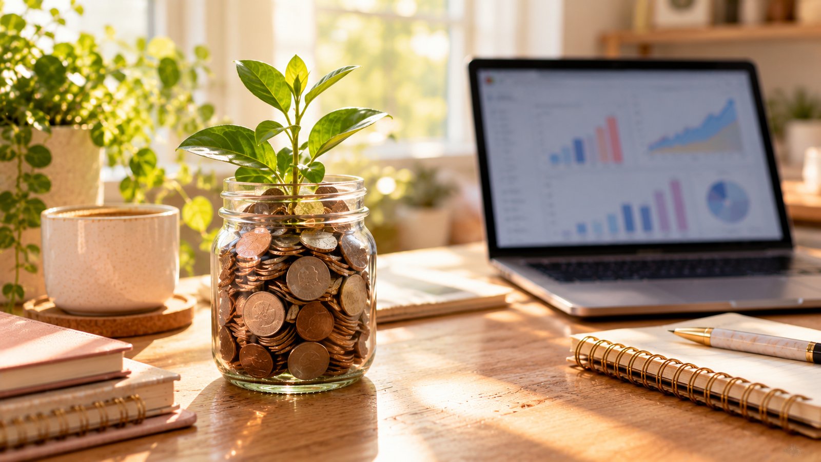 A jar of coins with a small plant growing from it beside a laptop, soft morning light - What Networks Usually Require