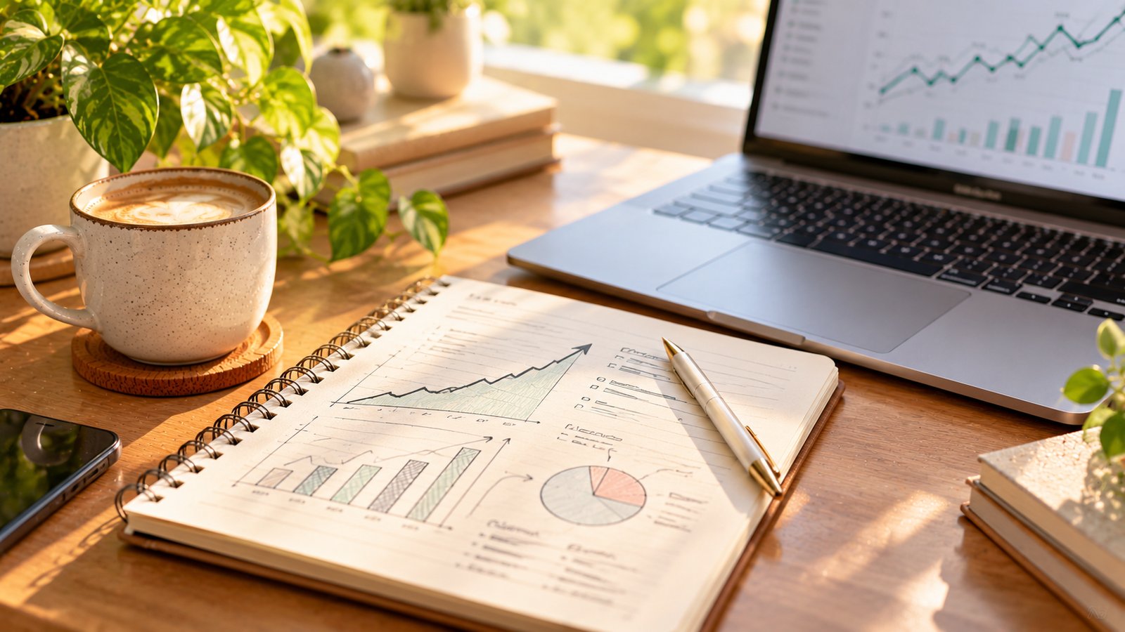 A notebook with hand-drawn growth curves and price notes beside a laptop and coffee - How Blog Prices Are Usually Set
