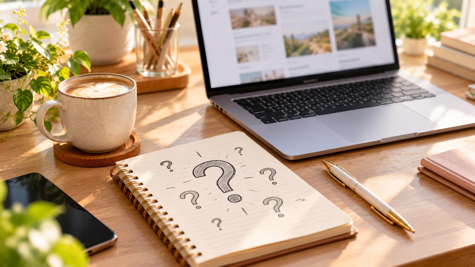 A notebook with hand-drawn question marks beside a laptop and coffee on a tidy desk, no readable words - Questions Buyers Ask, and How to Answer Them