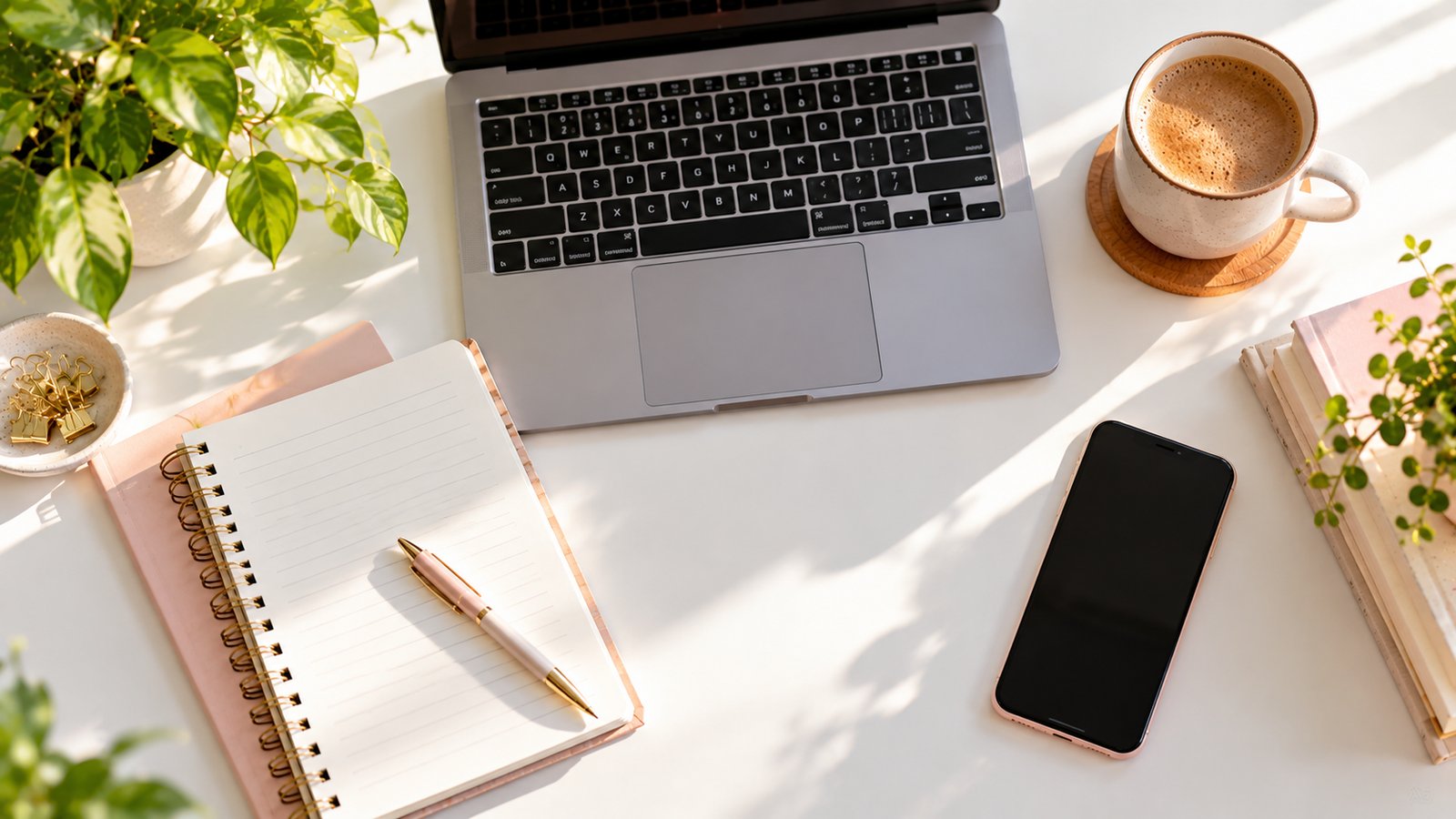 A flat lay of a laptop, notebook, pen and phone on a white desk, top-down view - What Raises or Lowers the Value of a Blog