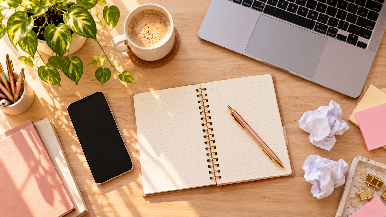 A flat lay of a notebook, pen, phone and plant on a light wooden desk - Common Audit Mistakes