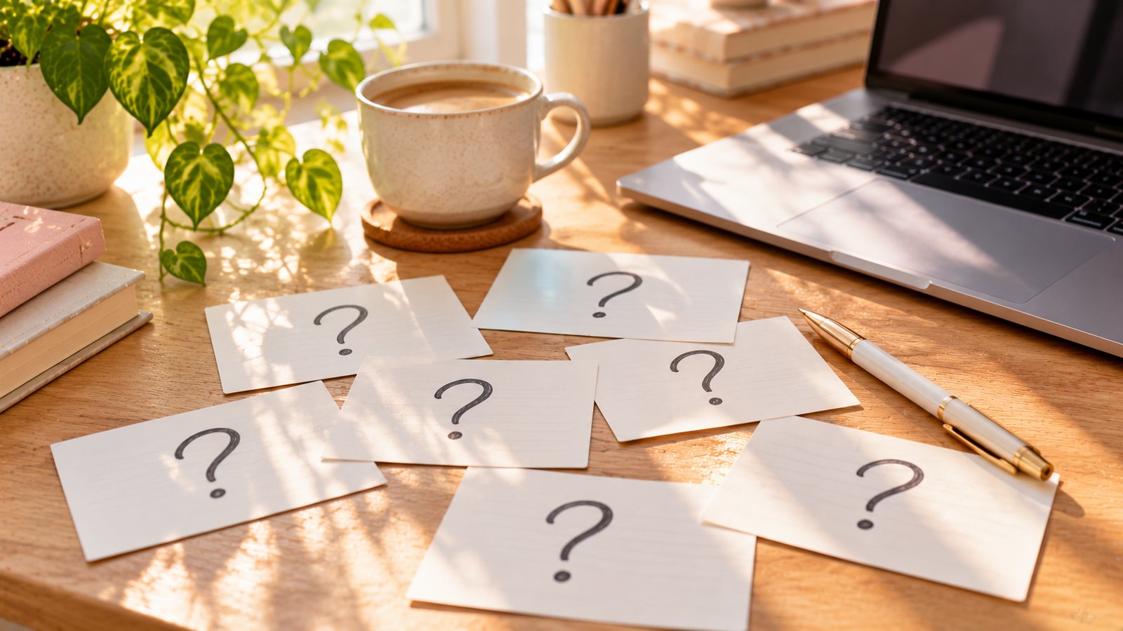 Blank index cards with drawn question marks spread on a desk beside a pen - Frequently Asked Questions