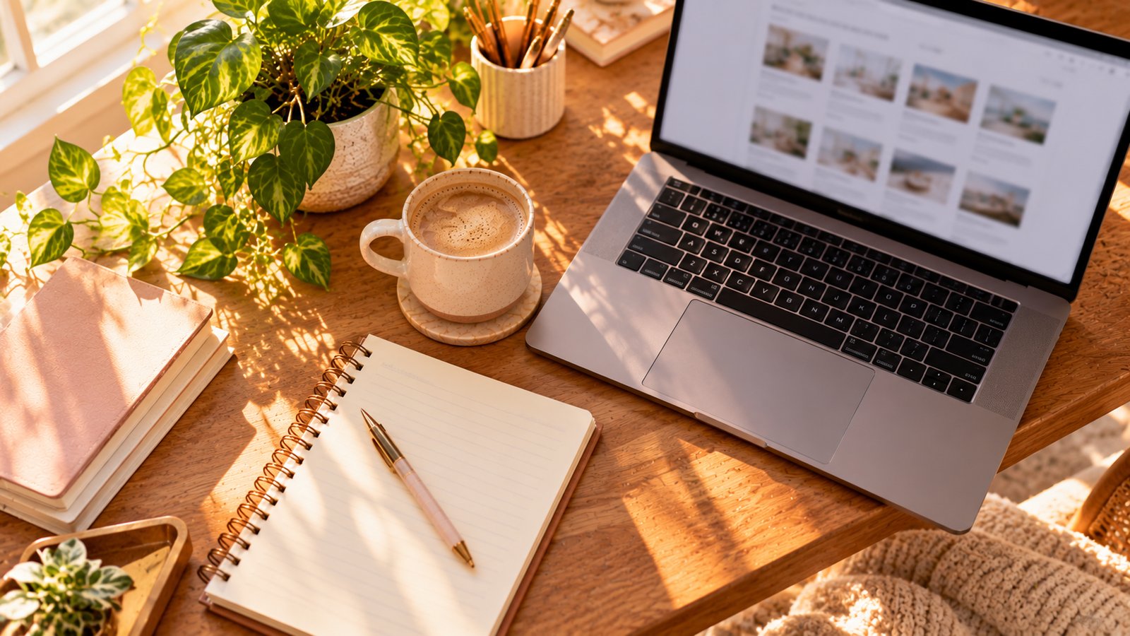 A cozy home office with a laptop, a plant and a mug on a wooden desk, soft window light - Step 1: Build a Content Inventory