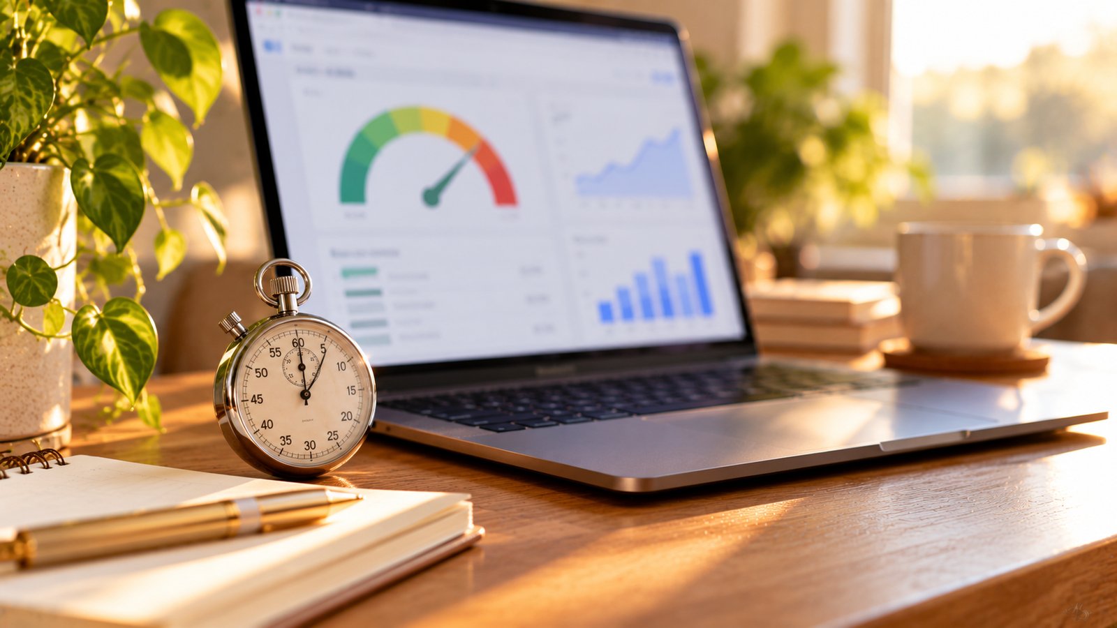A laptop showing a blurred speed gauge style dashboard beside a stopwatch on a desk - Step 2: Add Performance Data
