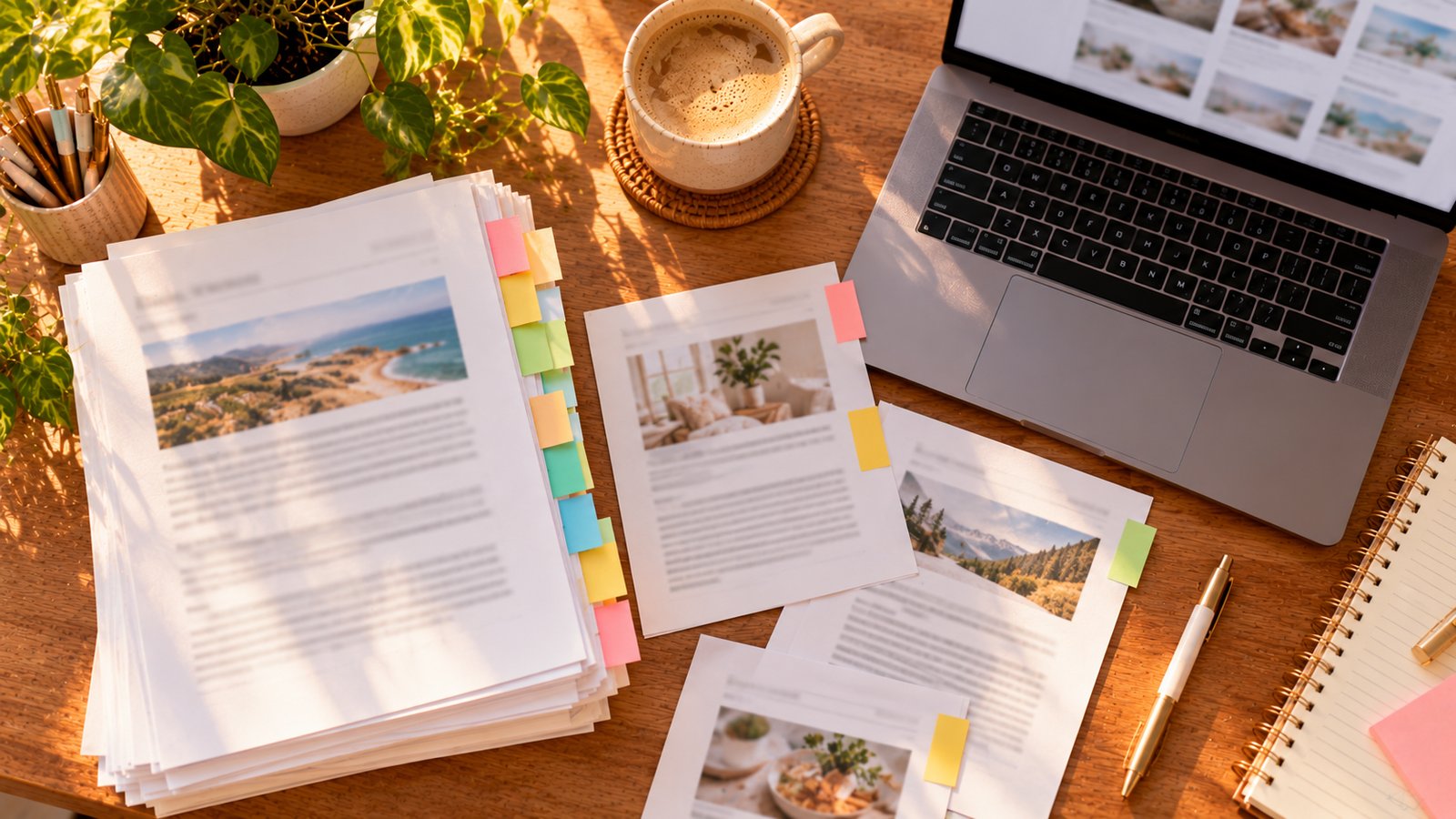 A desk with a stack of printed old articles marked with colored tabs and a laptop - Step 3: Decide What to Do With Each Post