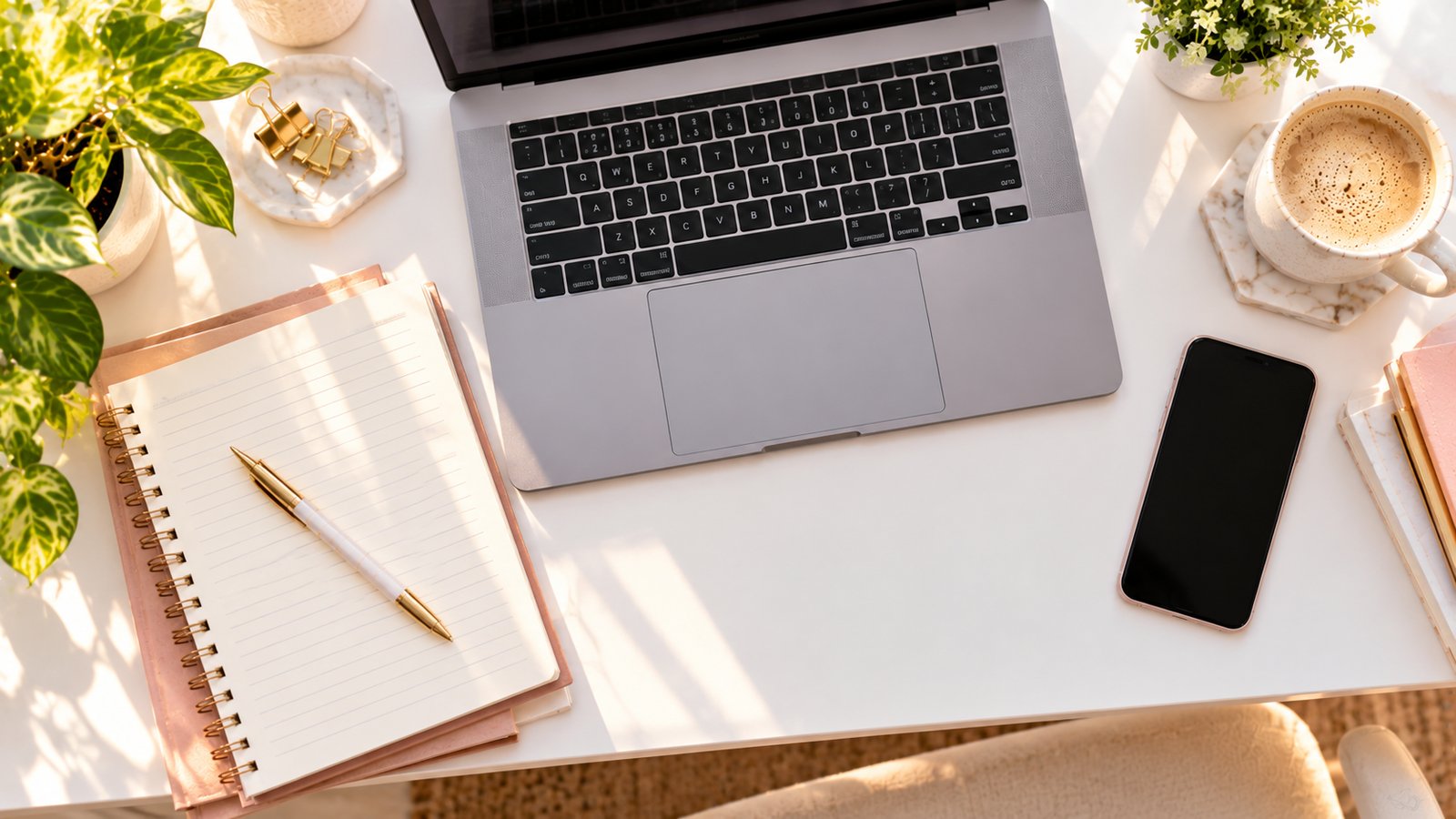 A flat lay of a laptop, notebook, pen and phone on a white desk, top-down view - Step 4: Carry Out the Changes Safely