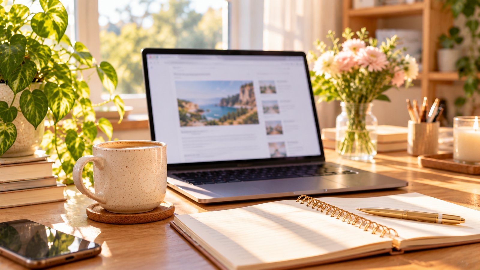 A blogger's desk with a laptop showing a blurred article, a notebook and a coffee cup, bright morning light - Step 5: Strengthen What Remains