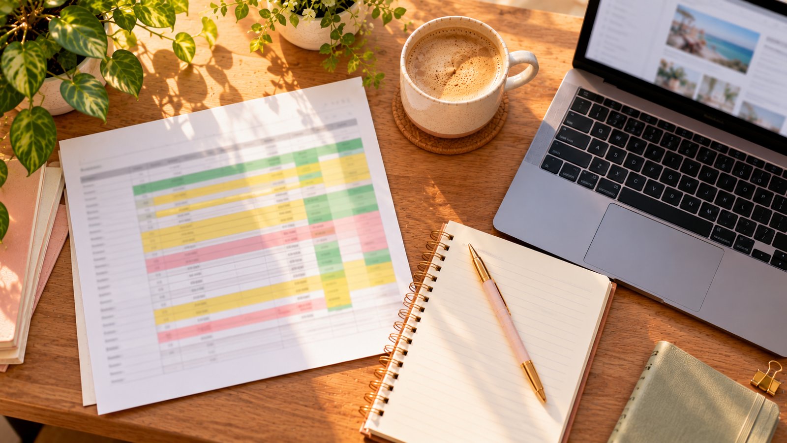 A printed spreadsheet with color-coded highlighted rows beside a laptop and coffee, overhead view, no readable text - Why Audit an Old Blog