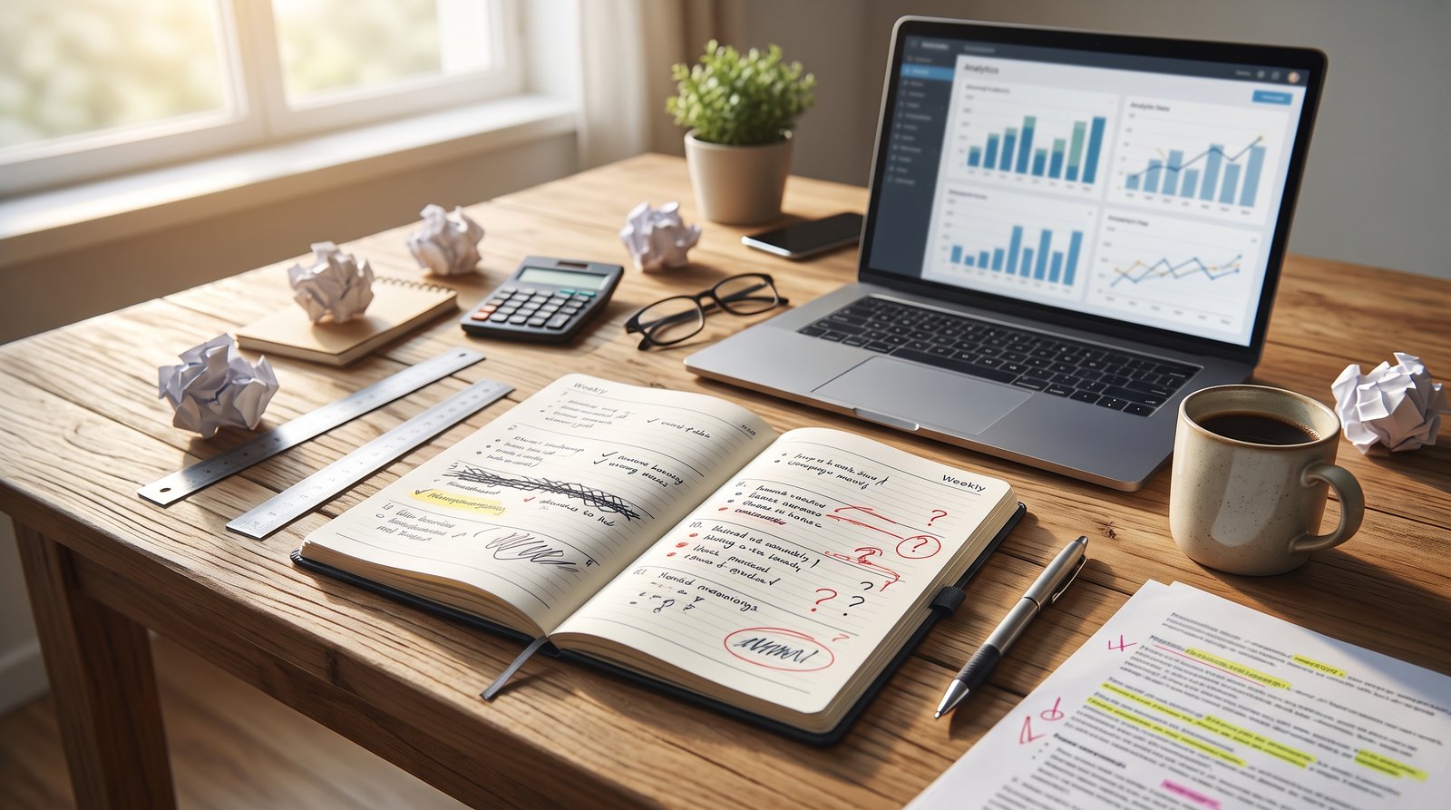 A weekly planner with checked boxes, a pen and a coffee on a wooden desk, morning light - Common Mistakes When Reading the Data