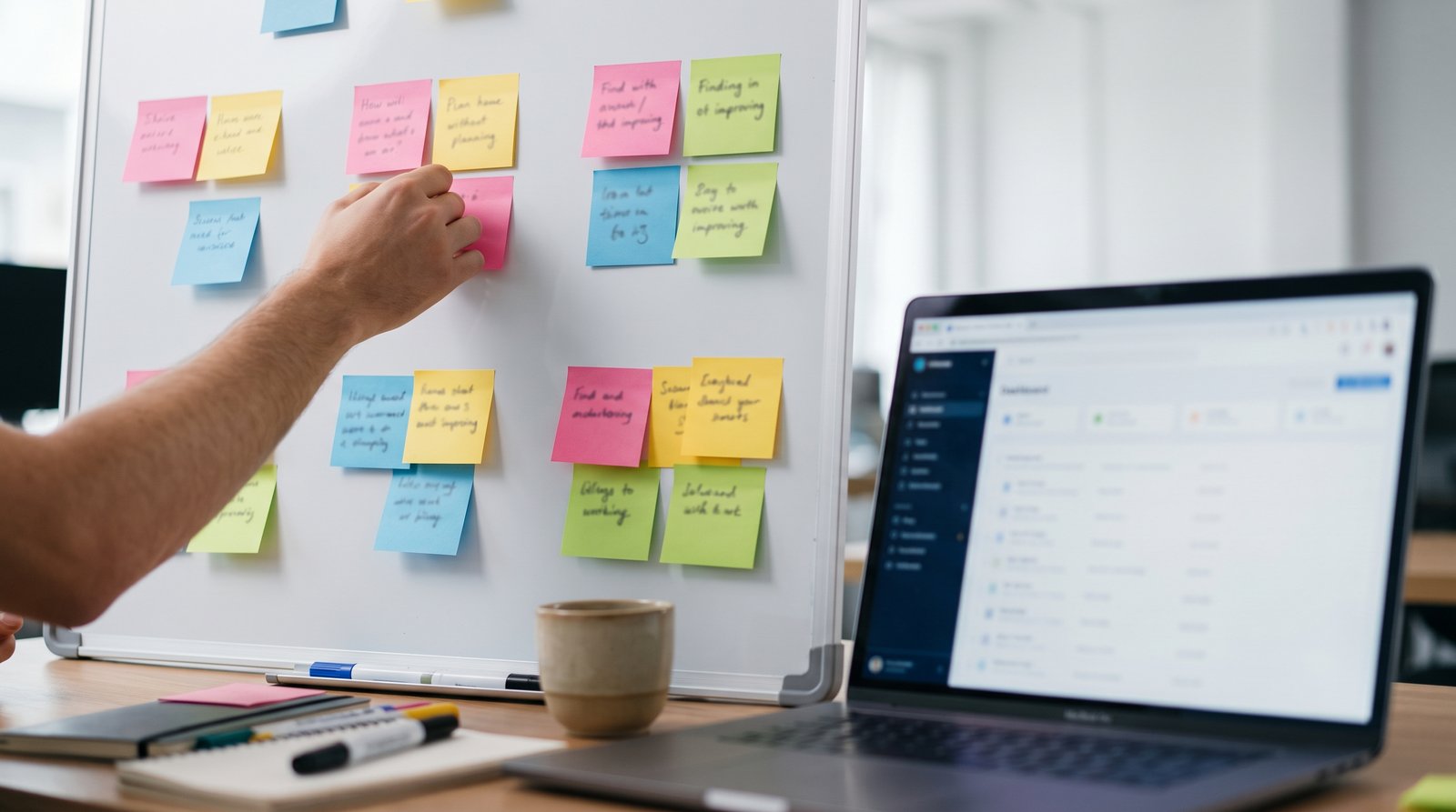 Sticky notes grouped into clusters on a whiteboard beside a laptop, hands only, bright office light - Finding Posts Worth Improving