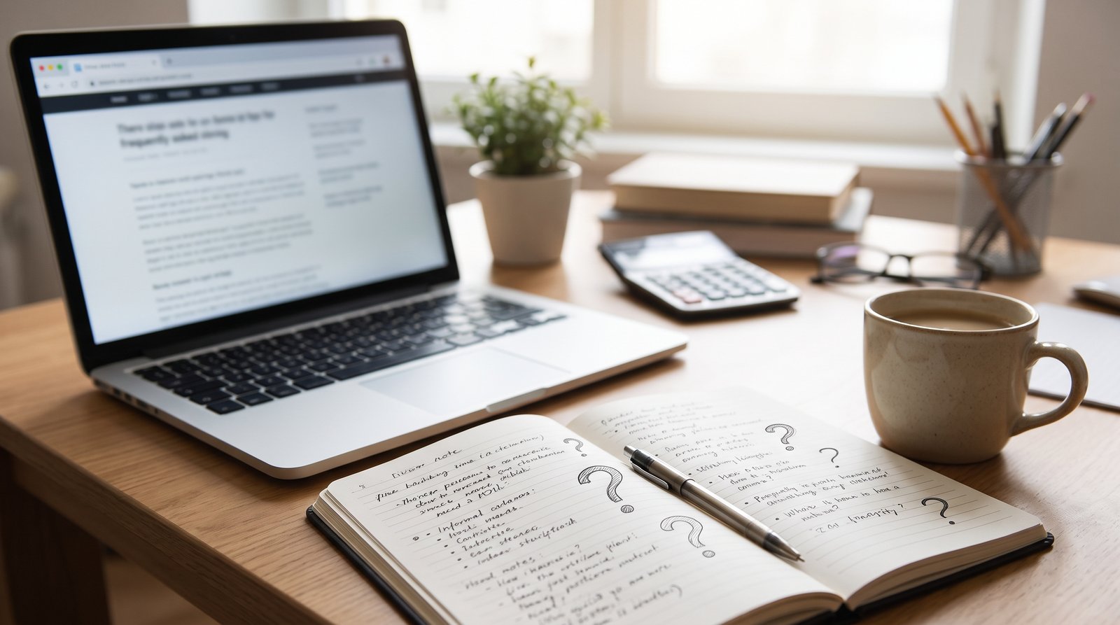 A cup of coffee beside an open notebook and a pen on a bright desk, ready for questions - Frequently Asked Questions