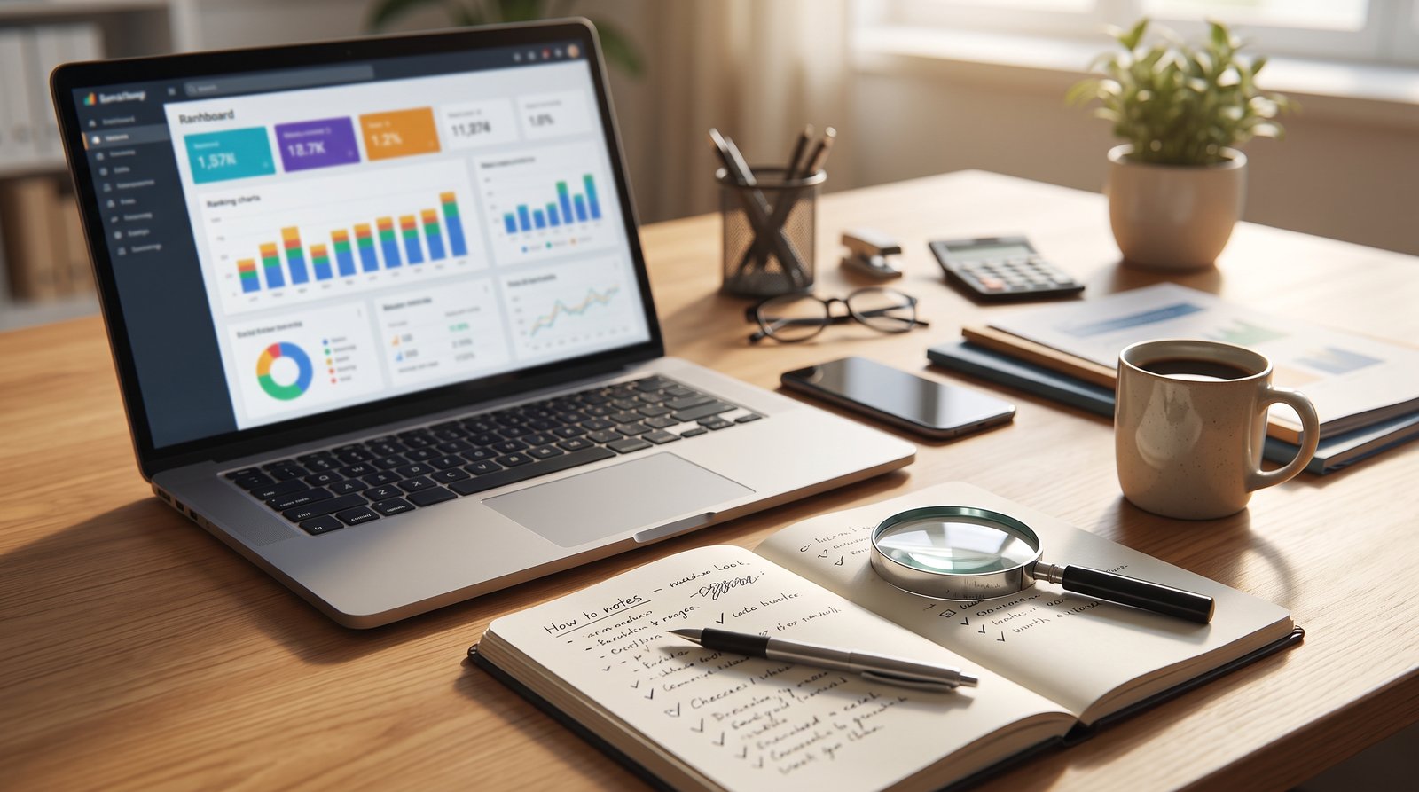 A desk with a laptop showing blurred ranking charts, a magnifying glass and a notebook - Other Reports Worth a Monthly Look