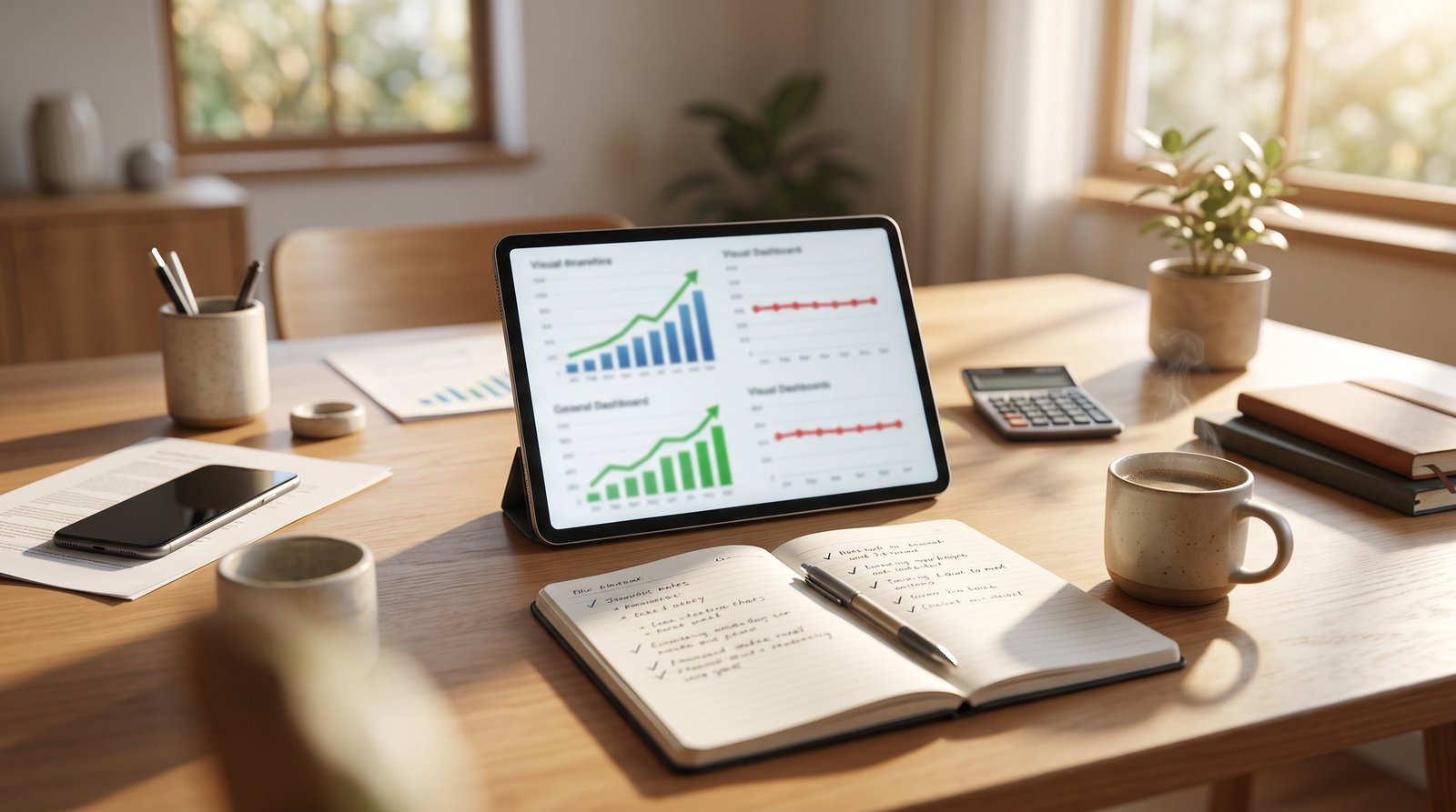 A tablet showing blurred upward trending graphs on a wooden desk at morning light - What Search Console Is and Is Not