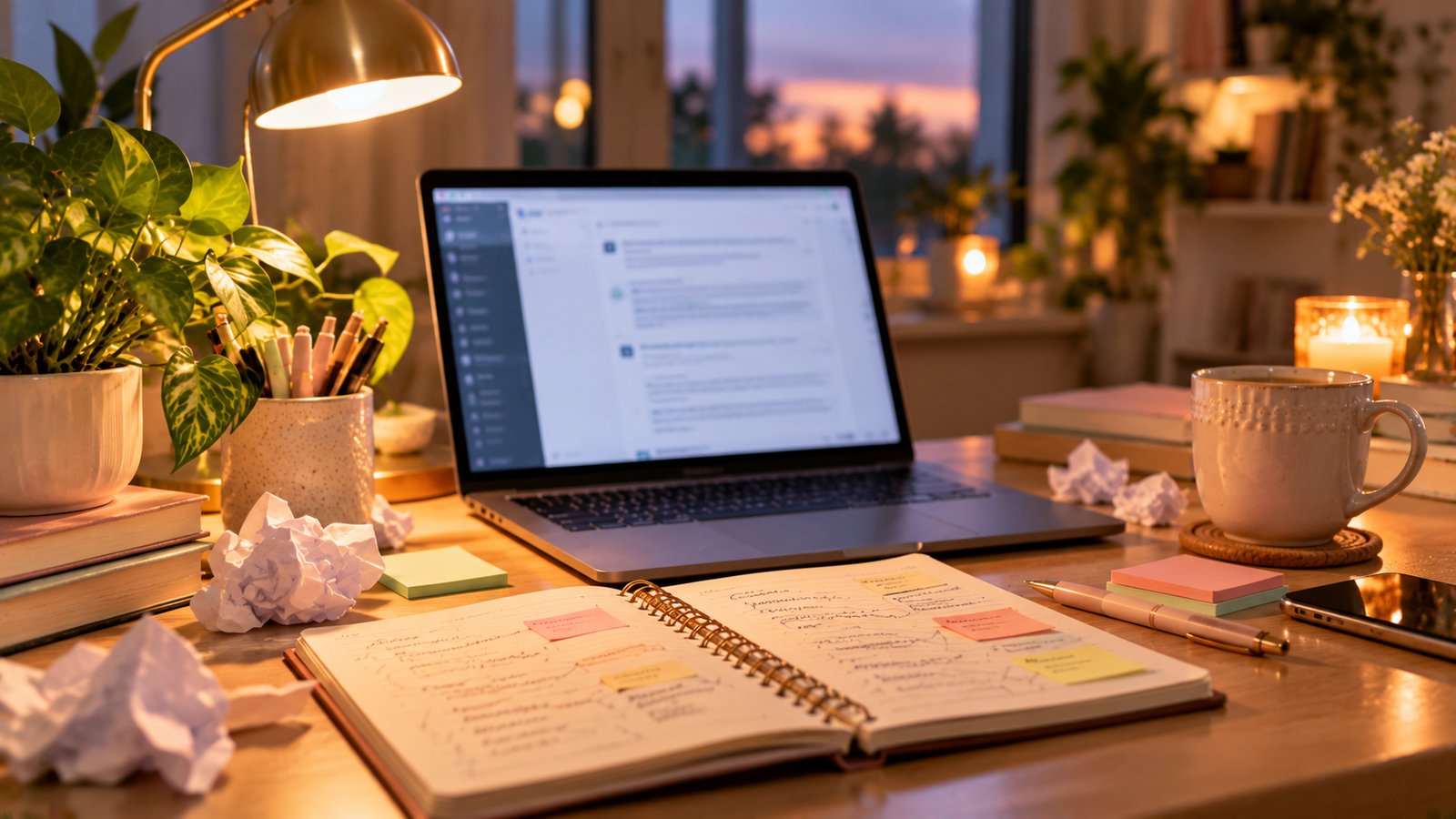 A calm workspace with a laptop and a warm desk lamp at dusk - Common Mistakes