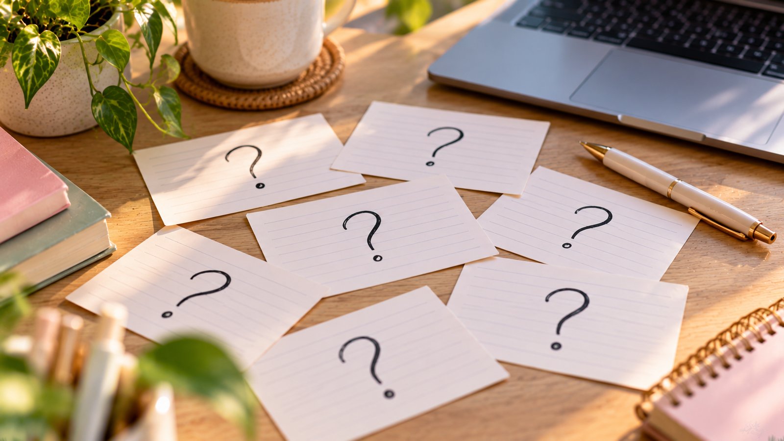 Blank index cards with drawn question marks spread on a desk beside a pen - Frequently Asked Questions