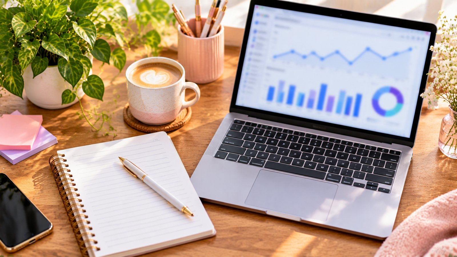 A laptop showing blurred line and bar charts on a dashboard beside a notebook with a pen and coffee - Step 1: Gather Real Keyword Data