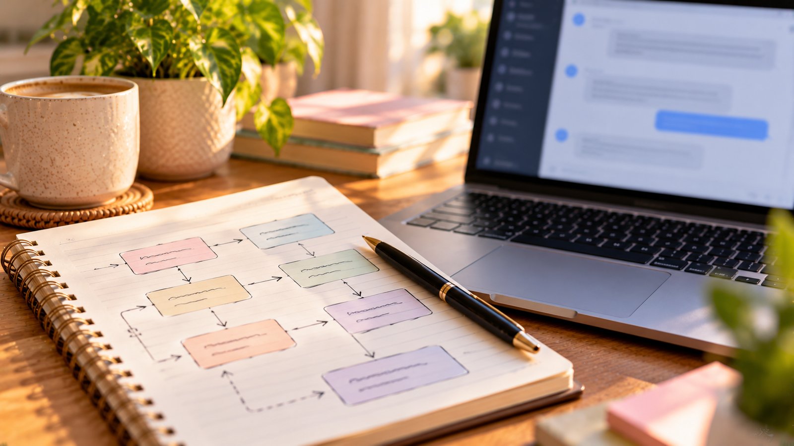A notebook with hand-drawn flow arrows between boxes beside a laptop showing a blurred chat window - Step 2: Write a Clear Clustering Prompt