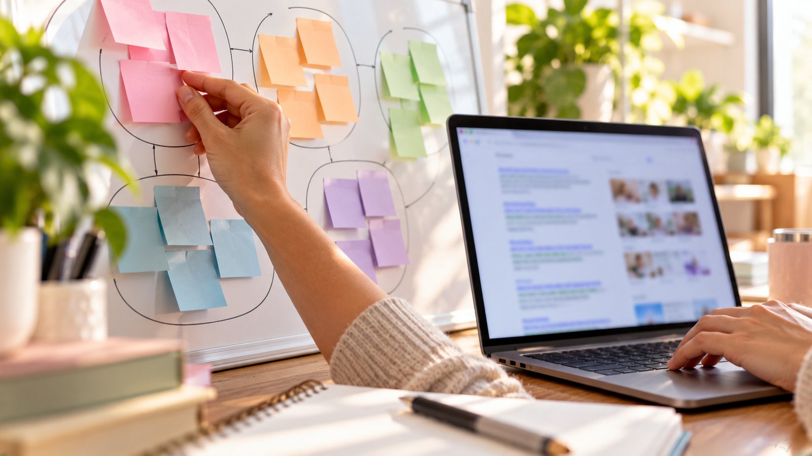 Sticky notes grouped into clusters on a whiteboard beside a laptop, hands only, bright office light - Step 3: Check the Groups Against Real Search Results