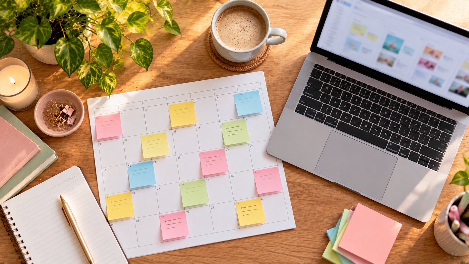 A paper monthly calendar with colored sticky notes beside a laptop on a desk, overhead view - Step 4: Turn Clusters Into a Content Plan