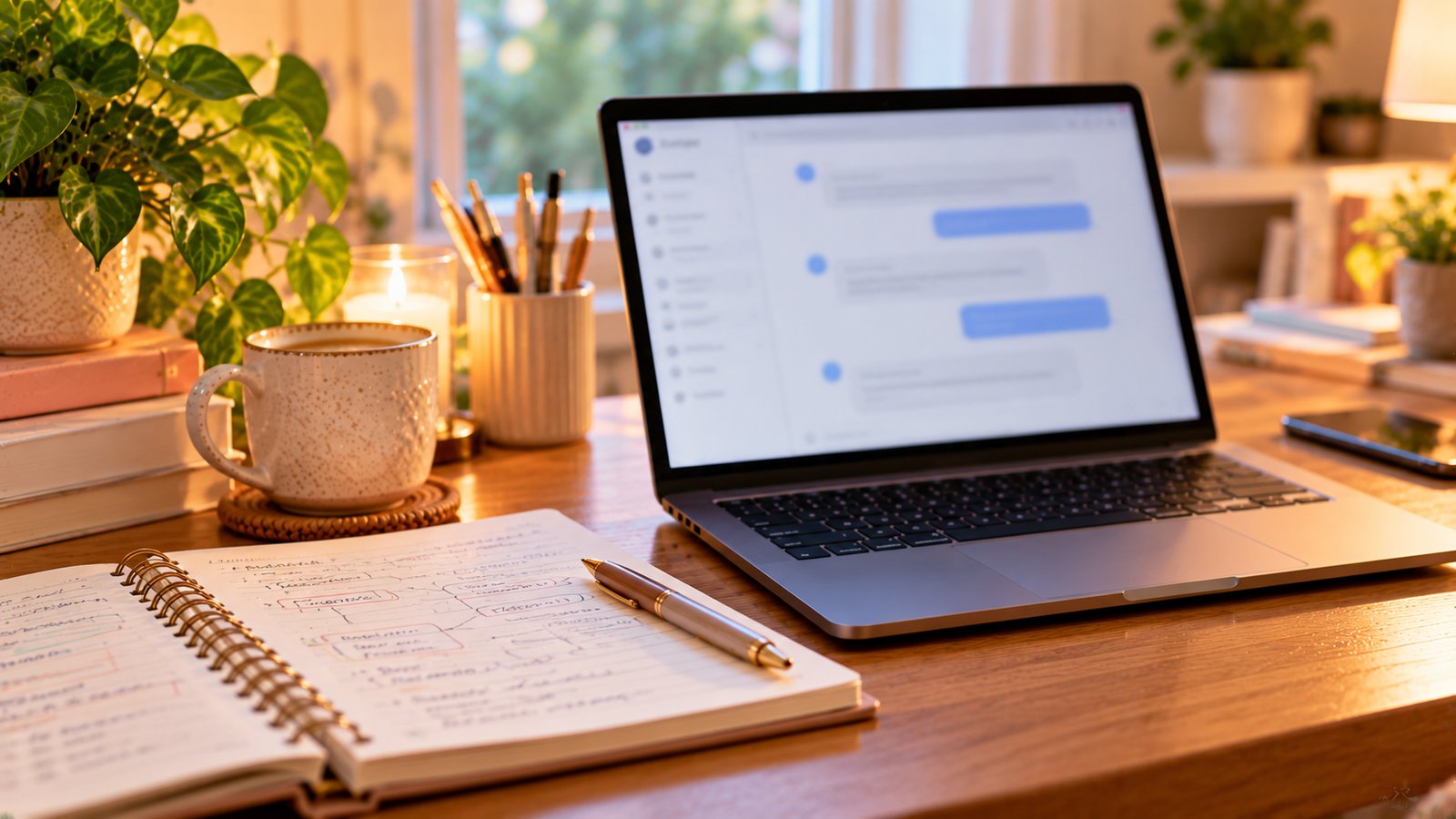 A laptop with a blurred chat-style interface on screen beside a notebook of handwritten prompt drafts, soft light - What ChatGPT Can and Cannot Do Here