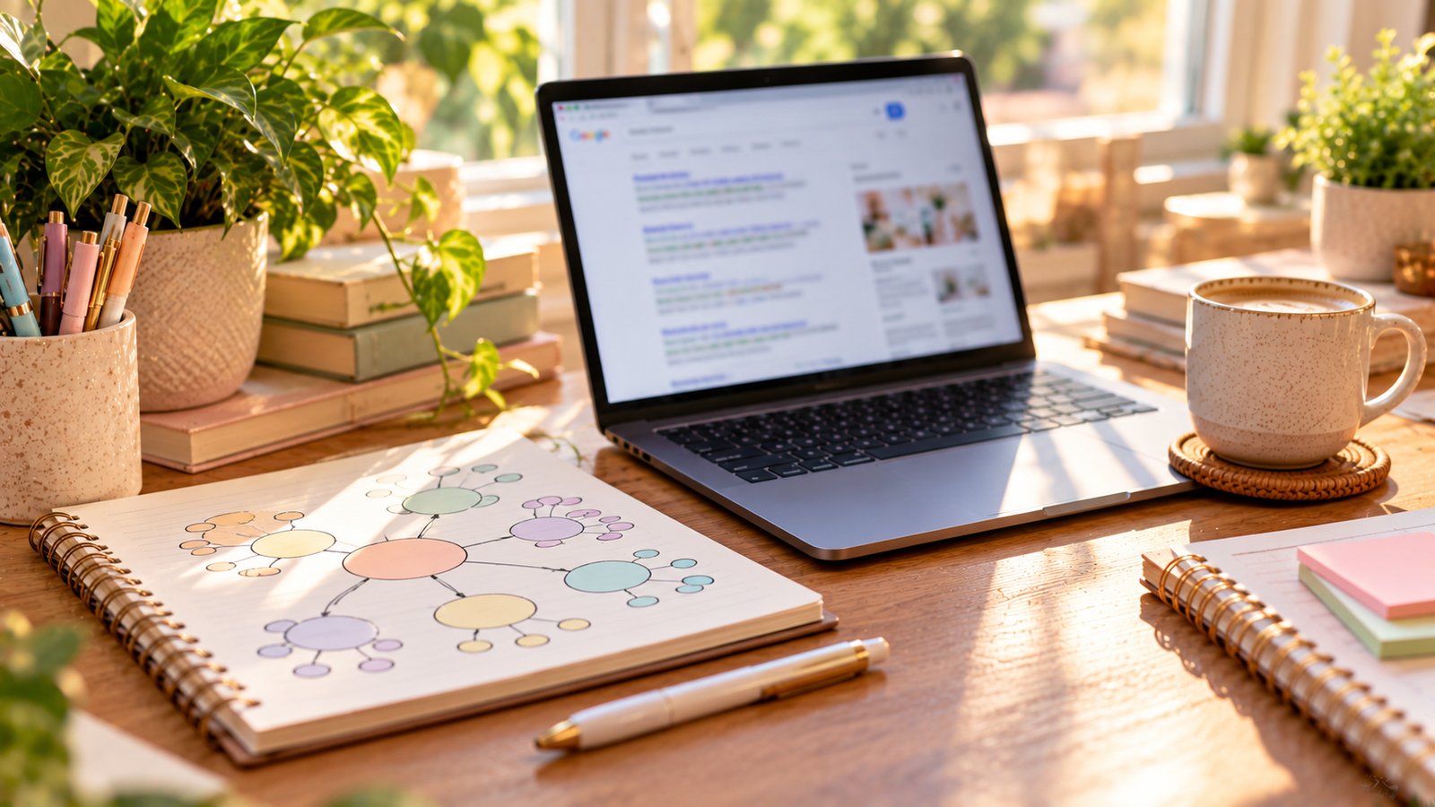 A laptop displaying a blurred search results page beside a notepad of keyword clusters drawn as bubbles - What Keyword Clustering Is For