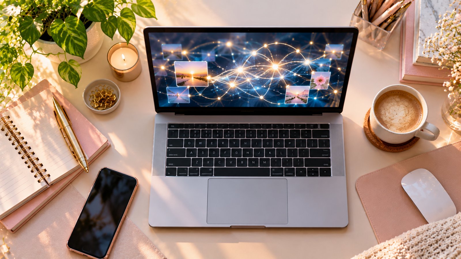 A modern workspace with a laptop and a glowing abstract network of light lines reflected on the screen, no text - Instagram Automation Rules and Account Safety