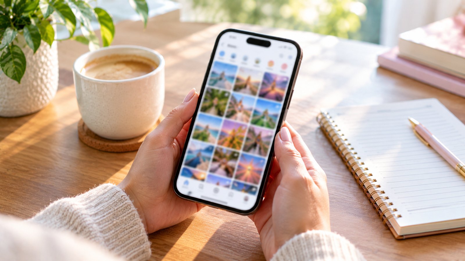 Hands holding a smartphone showing a blurred colorful photo grid feed above a desk with a coffee and a notebook - Set It Up Before You Touch Instagram