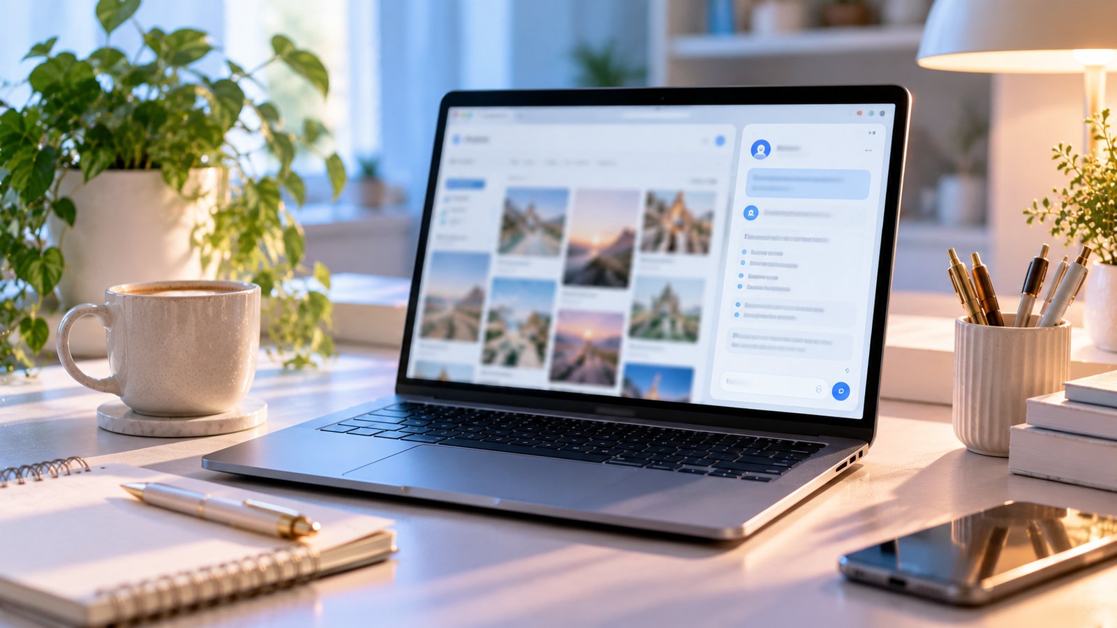 A laptop showing a blurred browser window with a side panel assistant interface on a clean desk, soft blue light - What Is Claude in Chrome?